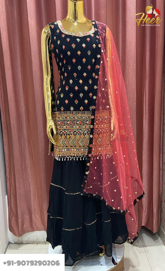 Multi Thread Work Navy Blue Pink Contrast Sharara Suit Punjabi Suit Punjabi Dress Indian Suits