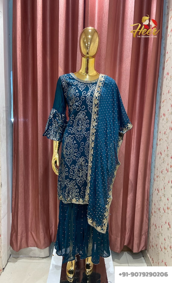 Buy Peacock Blue Palazzo Suit In Silk With Brocade Floral Buttis And  Matching Cloud Grey Brocade Dupatta Online - Kalki Fashion