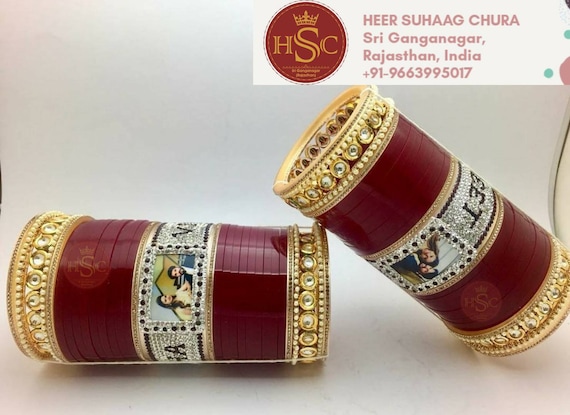Customised Name and Photo Choora With Round Kundan Pearl Bangle Set Mehroon Bridal Chooda Punjabi Wedding Chura Etsy
