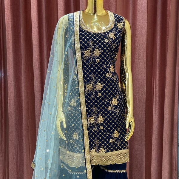 Antique Navy Blue Sharara Suit, Punjabi Suit, Punjabi Dress, Indian Outfit dress by Heer