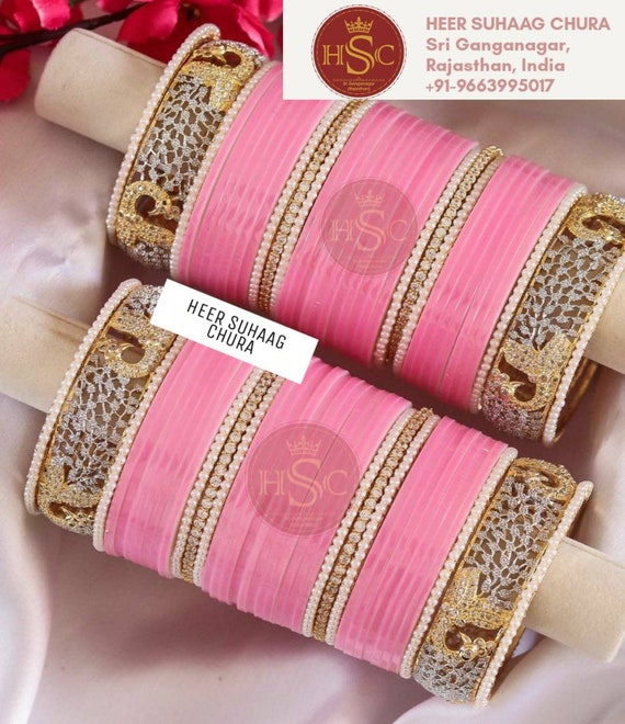 Pearl Morni Peacock AD White Stone Punjabi Chooda, Wedding Chura