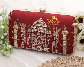 Taj Mahal Embriodery Designer Clutch, Purse, Wedding Purse by Heer