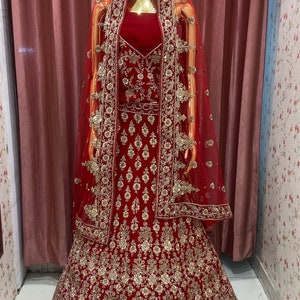 Red Hand Work Katdana Punjabi Bridal Lehenga, Lehnga, Indian Outfit dress image 1