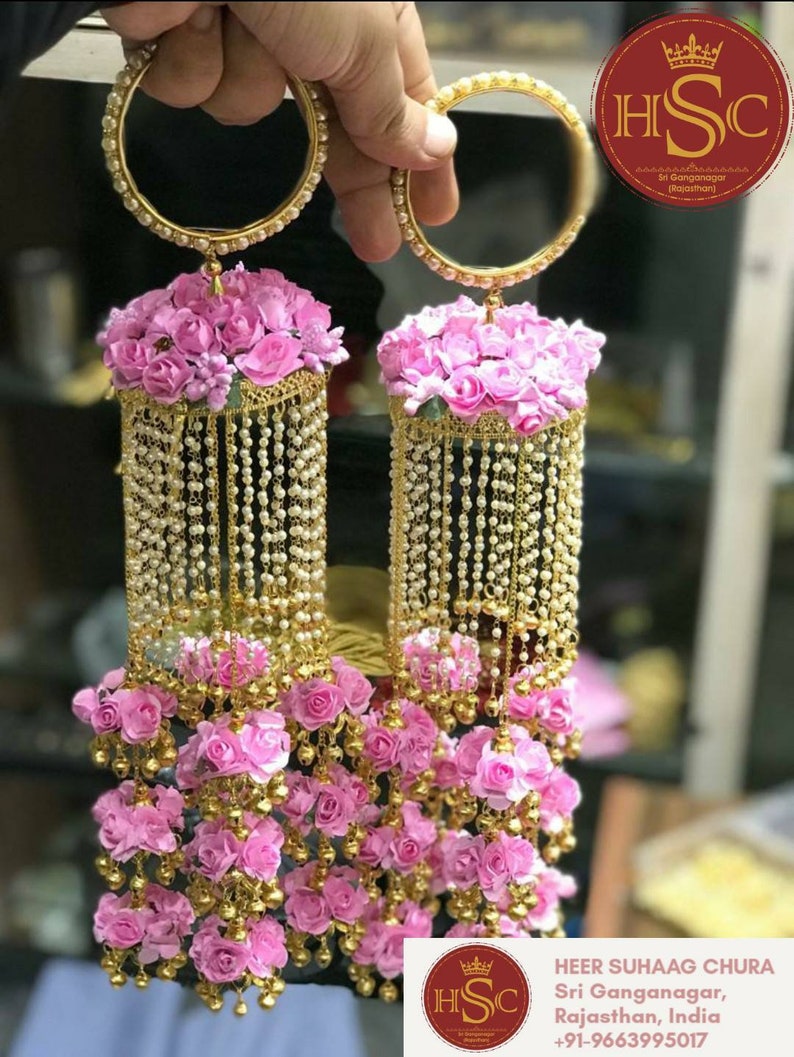 Pink Floral Kalira embedded with Moti and Pearl Work, Punjabi wedding Kaleere image 1