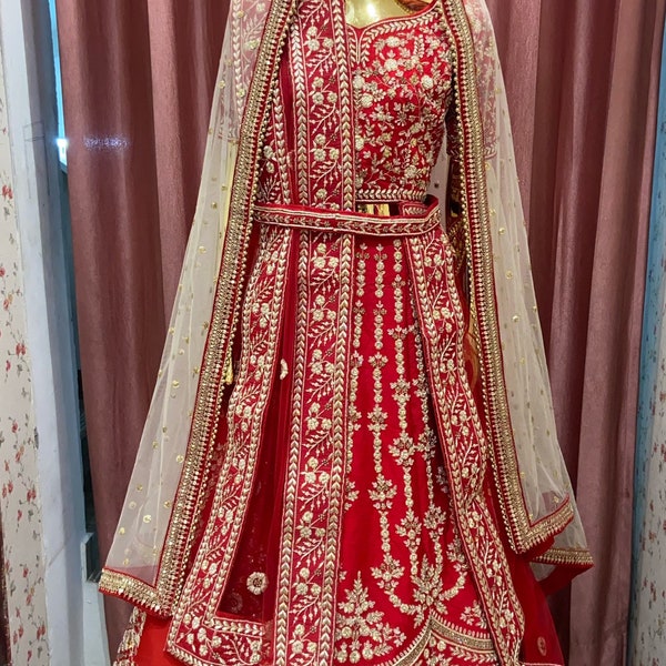 Red Sabyasachi Inspired HandWork Pearl Bridal Lehenga, Wedding Lehnga, Indian Lehnga, Wedding Outfit