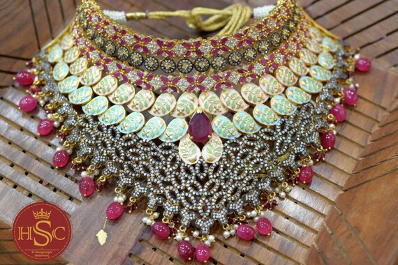 Ruby Precious Stone Meena Painting Necklace Set Jewellery Set