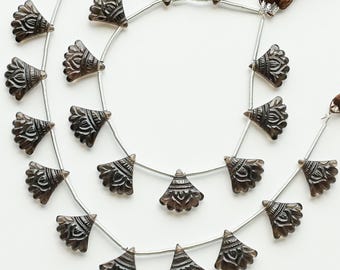 10 Pieces Smoky Quartz Slot Carved Fan Briolette Beads Natural Gemstone Strand | 15.5x16x5 to 15x15x5 MM | Quartz for Jewelry Making