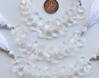 4 Inches Crystal Quartz Geometrical Tumble Hammered Faceted Beads Natural Gemstone | Quartz for Jewelry Making | 13x10x4 to 10x7x3.5 MM