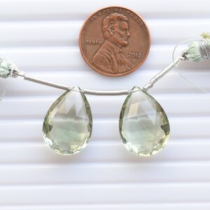 Paar grüne Amethyst Facettierte Birnenform Rosenschliff Natur Edelstein Briolette Seitliche Bohrperlen | Seltene Edelsteinperlen | Grüne Amethyst Perlen