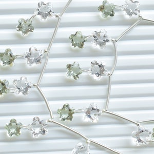16 Pieces Green Amethyst & Crystal Carved Flower Cut Stone Combination Beads Natural Gemstone Face Drill Beads Strand | 10x10x7 to 9x9x6 MM