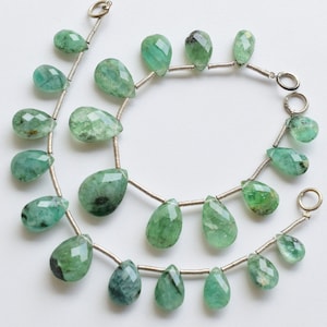 11 Pieces Emerald & Crystal Faceted Doublet Pear Shape Checker Beads Natural Gemstone Briolette Side Drill Beads Line | Rare Gemstone Strand