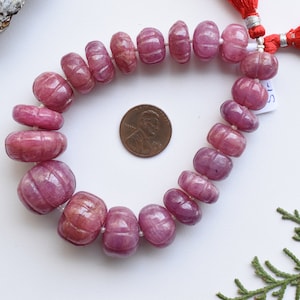 8 Inches Pink Sapphire Carved Melon Shape Natural Gemstone Carving Center Drill Beads Line | Wholesale Sapphire | Untreated Sapphire Beads