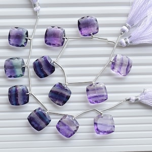 6 Pieces Multi Fluorite Cushion Cut Stone Natural Gemstone Face Drill Beads Strand | 15x15x6.5 MM | Fluorite for Jewelry Making