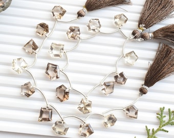 10 Pieces Smoky Quartz Faceted Geometrical Step Cut Beads Natural Gemstone Face Drill Beads Strand | 11x11x8 to 8x9x5 | Natural Quartz Beads
