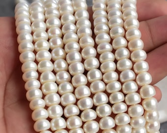 Natural Freshwater White Button Smooth Pearl for Jewelry Making | 6x8 MM | Pearl Supplies for Fine Jewelry