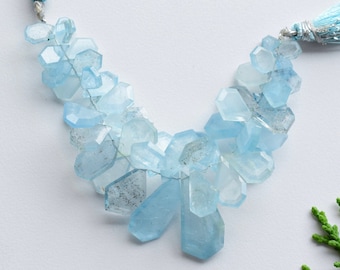 4 pulgadas AQUAMARINE FACETED Geometrical Crown Cut Beads Natural Gemstone Side Drill Beads Line / Aquamarine Beads / 25x11x3.5 to 9x5x2 mm