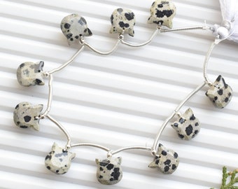 10 Pieces Dalmatian Jasper Faceted Cat Face Cut Beads Natural Gemstone Face Drill Beads Strand For Jewelry Making | 11x11x7.5 mm