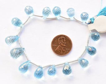 15 Pieces Blue Topaz Drops Side Drill Faceted Natural Gemstone Beads | 14x9 to 10.5x7.5 mm | Topaz for Jewelry Making | Gemstone Supplies