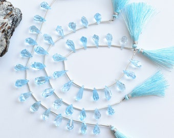 14 Pieces Blue Topaz Faceted Tumble Drops Beads Natural Gemstone Side Drill Beads Strand For Jewelry | 16x8 to 11x7 MM | Blue Topaz Beads