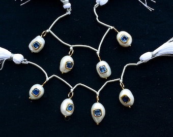 Conjunto de 4 peças de pérolas barrocas de água doce com cianita azul, engastadas em ouro vermeil 18K, com diâmetro interno de 4 mm | Faça Você Mesmo | 15x11x9 a 12x10x8 mm