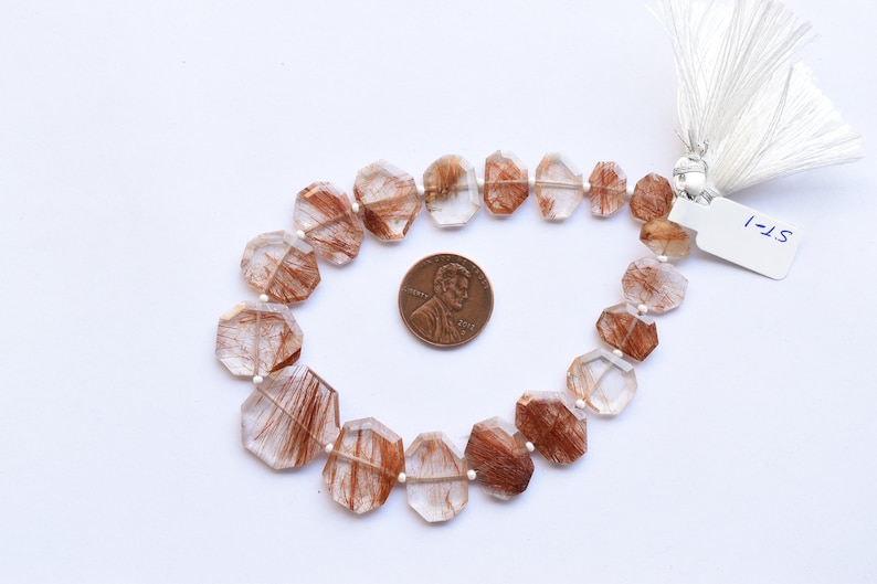 Rutile Beads 8.5 Inches Copper Rutile Quartz Faceted Crown Cut Center Drill Natural Gemstone Beads Strand 17.5x20x3 to 7.5x9.5x2 mm