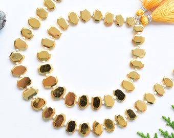 8 Inches PYRITE FACETED GOLDEN Coated Geometrical Crown Cut Beads Natural Gemstone Briolette Center Drill Beads Line | 7.5x11x2 to 5x9x3 mm