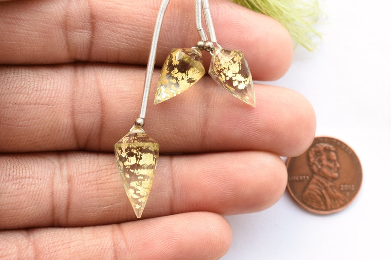 Green Amethyst Beads 19.5x10 to 10x8.5 mm 3 Pieces Amethyst 22K Gold Foil Doublet Faceted Drops Side Drill Natural Gemstone Beads Strand