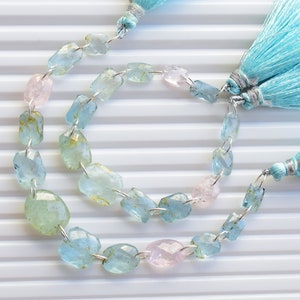 12 Pieces Aquamarine Checker Faceted Mix Beads Natural Gemstone Briolette Double Drill Beads Line Strand | Aquamarine Bead | 13x10 to 6x3 MM