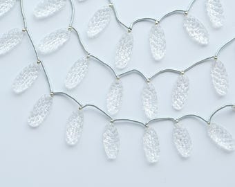 10 peças de contas ovais longas de quartzo cristal esculpidas em forma de grade, pedra preciosa natural com furo na face para confecção de joias | 23x10x5 a 22x10x5 mm