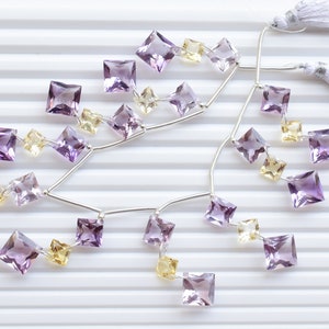 30 Stück Amethyst & Citrin Facettierte Quadratische Princess Schliff Stein Kombinationsperlen Natürliche Edelstein Doppelbohrer Perlen Strang | 11x6 bis 7x5 MM