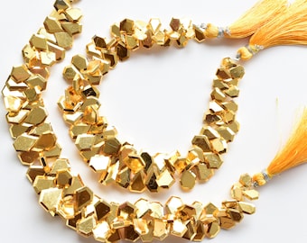 8 Inches PYRITE FACETED GOLDEN Coated Geometrical Crown Cut Beads Natural Gemstone Briolette Side Drill Beads Line | 13x10x2.5 to 7x6x2 mm