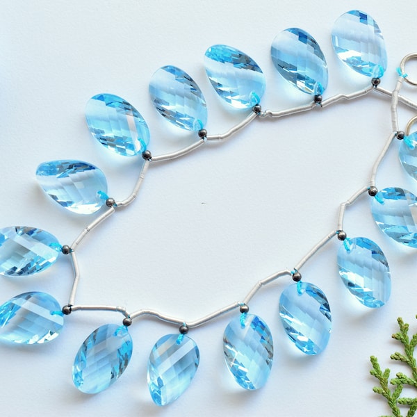 15pc BLUE TOPAZ FACETED Twisted Shape Oval Natural Gemstone Briolette Face Drill Beads Line | Reasonable Price | Beads For Jewelry | Gemmore