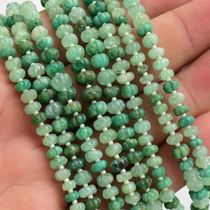 8 Inches Emerald Carved Melon Beads Center Drill Natural Gemstone Strand | 4.5x6.5 to 2.5x4.5 MM | Emerald from Sakota Mines