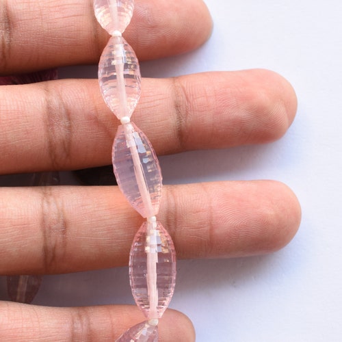 8 shops Inches Rose Quartz Concave Cut Olive Center Drill Natural Gemstone Beads Strand | 20x9.5 to 17x7 mm | Genuine Pink Quartz Beads Strand