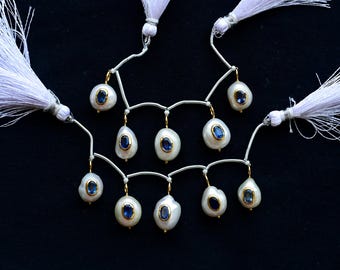 Conjunto de 5 peças de pérolas barrocas de água doce com cianita azul, engastadas em ouro vermeil 18K, com diâmetro interno de 4 mm | Faça Você Mesmo | 14x11x10 a 12x9x8 mm
