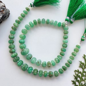 8 Inches Emerald Carved Melon Beads Natural Gemstone Carving Center Drill Beads Line Strand | Genuine Emerald Beads | 8x10 to 4x7 mm