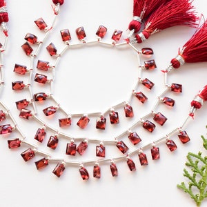 May include: A strand of red gemstone beads with silver spacers and red tassels. The beads are rectangular and faceted.