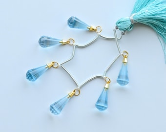 Conjunto de 6 Topázios Azuis Facetados em Formato de Gota com Banho de Ouro e Prata | Topázio para Confecção de Joias | Argola com Diâmetro Interno de 4 mm | 21x10 a 20x9 mm