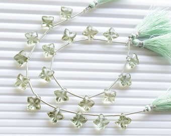 10 Pieces Green Amethyst Four Petal Buff Top Flower Beads Natural Gemstone Carving Side Drill Beads Line | Amethyst Carved Beads | 13x7.5 mm