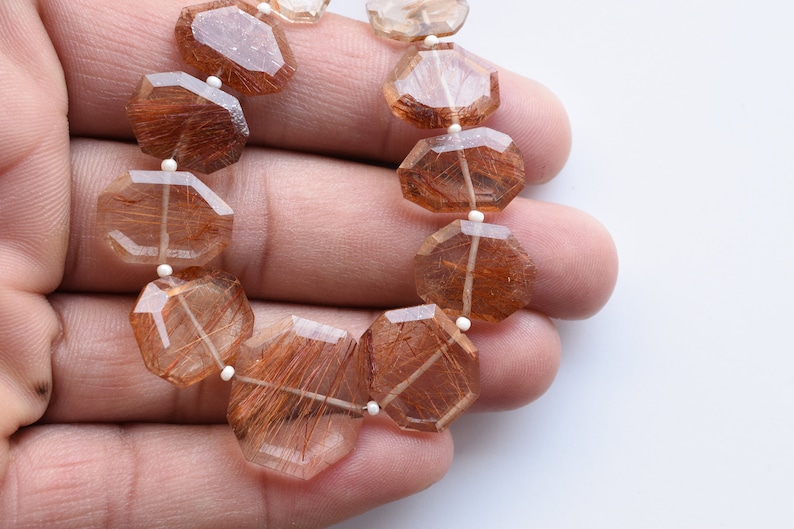 Rutile Beads 8.5 Inches Copper Rutile Quartz Faceted Crown Cut Center Drill Natural Gemstone Beads Strand 17.5x20x3 to 7.5x9.5x2 mm