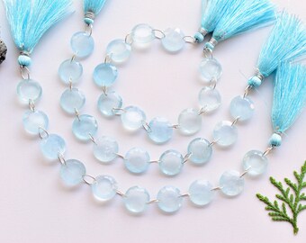 10 Piezas Aguamarina Facetada Corona Redonda Corte Cuentas Piedras Preciosas Naturales Doble Taladro Perlas Línea Strand / Genuine Aquamarine Beads / 12x3 mm