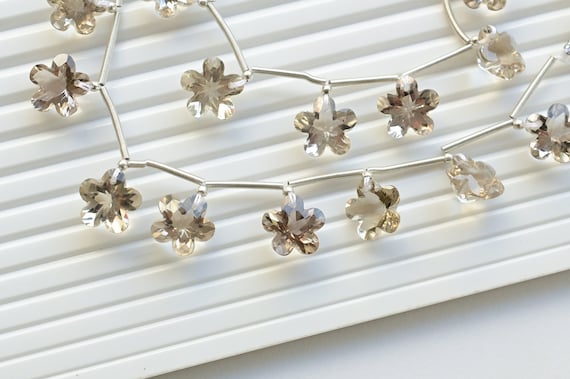 10 Pieces Smoky Quartz Carved Flower Cut Stone Beads Natural Gemstone | 12x12x7 MM | Quartz for Jewelry Making