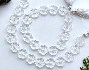 8 Inches Crystal Carved Flower Beads Natural Gemstone Carving Center Drill Beads Line Strand | Genuine Crystal Beads | 15x5 to 13.5x4 mm