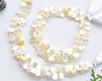 8 Inches White Mother Of Pearl Faceted Crown Cut Uneven Pear Beads Natural Gemstone Briolette Side Drill Beads Line | 11x7.5x2 to 9x6x2 mm