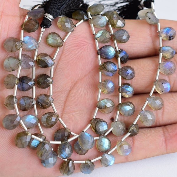 20 pièces Labradorite Checker Faceted Cab Pear Shape Beads Natural Gemstone Side Drill Beads Line | Brin de perles de labradorite | 10x8x4 mm