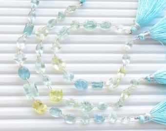 14 Pieces Mix Beryl Faceted Mix Cut Stone Beads Natural Gemstone Double Drill Beads Line Strand | Aquamarine, Heliodor |  14x9x8 to 7x5x3 mm