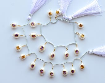 Conjunto de 10 peças com pérolas barrocas de água doce, ametista e citrino, cravejadas em ouro vermeil 18K com diâmetro interno de 4 mm | 15x10x8 a 11x11x8 mm