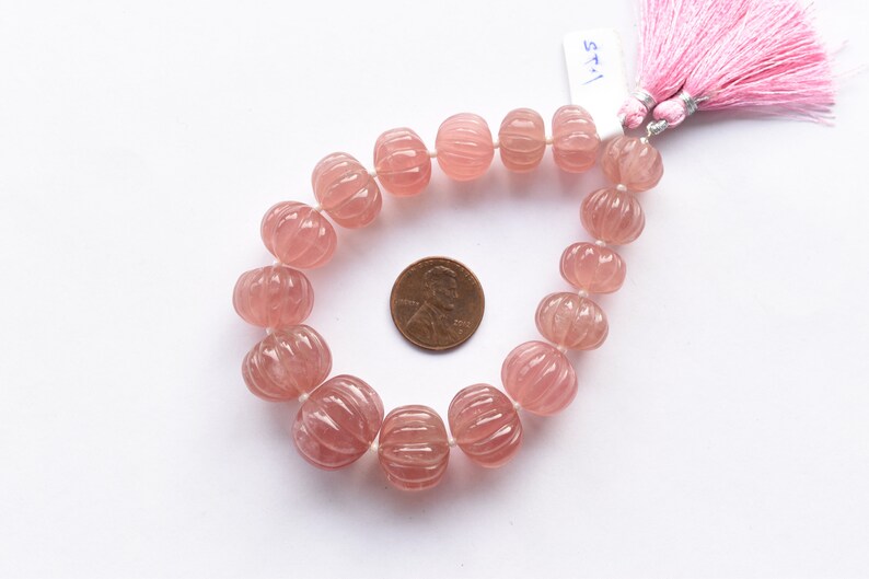 8 Inches ROSE QUARTZ CARVED Melon Shape Natural Gemstone Carving Center Drill Beads Line Genuine Quartz Beads Strand Reasonable Price