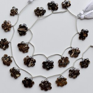 Pode incluir: Fios de contas em forma de flor, em tons de castanho e preto, enfiadas em fio de prata, com borlas brancas. As contas têm um aspeto texturizado. Cada conta mede cerca de 1 cm de diâmetro.