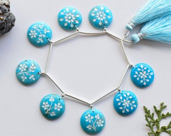 8 Pieces Natural Turquoise with Enamel Carved Round Cab Beads Natural Gemstone Face Drill Beads Line Strand | 16x16x4 mm